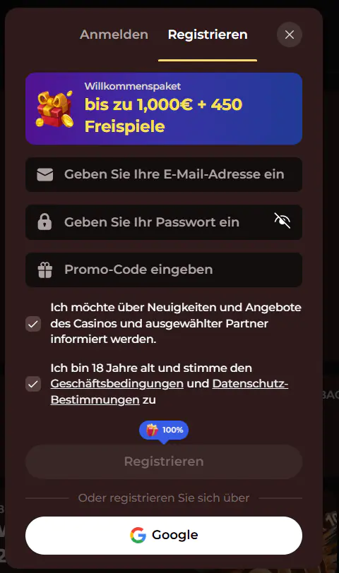Vincispin Casino-Kontoregistrierungsformular